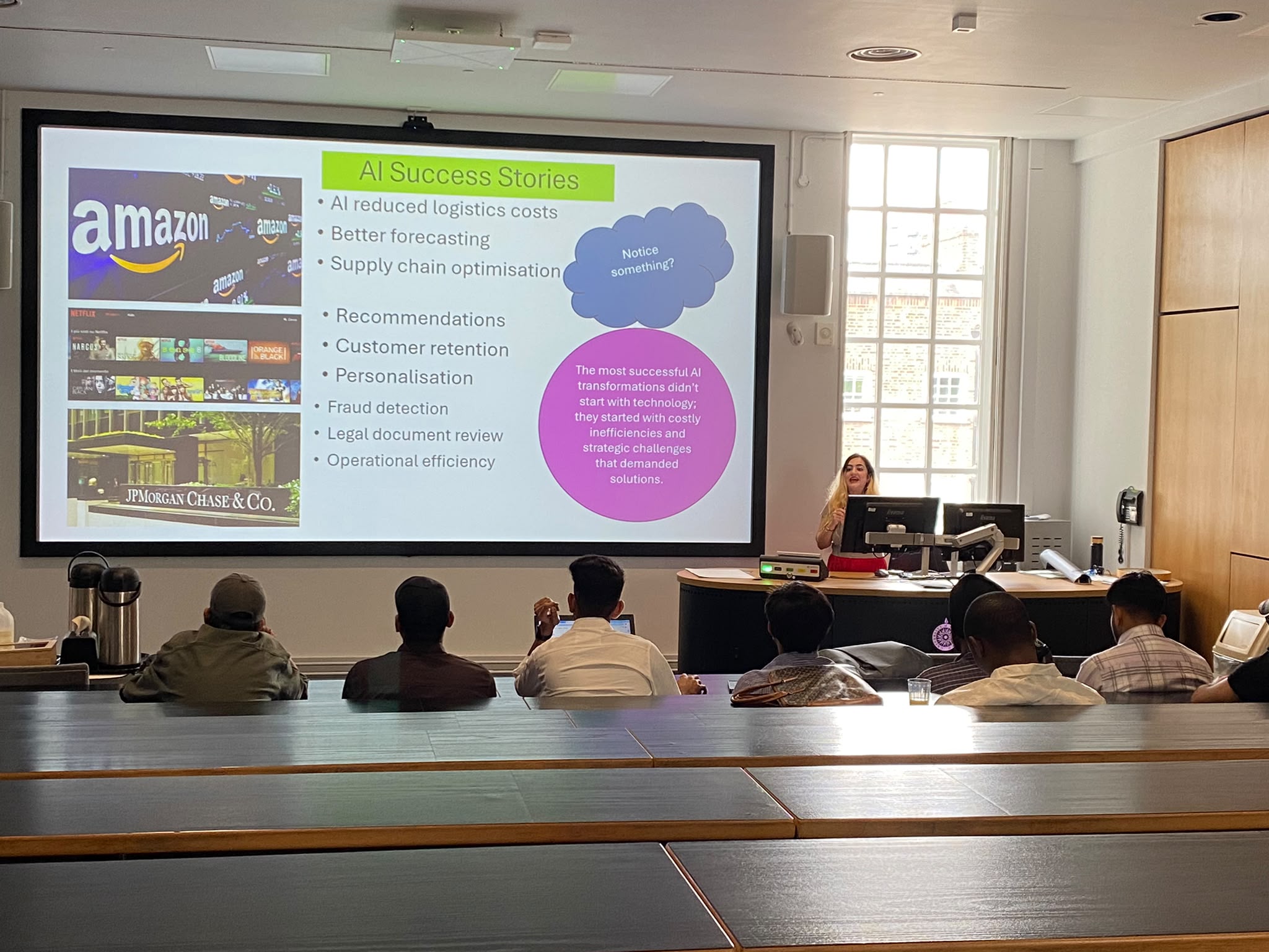 Dr. Homa Molavi presenting AI success stories to students